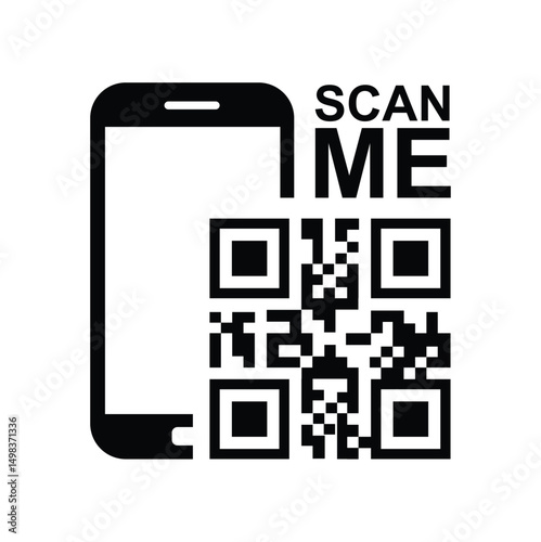 Vertical black smartphone silhouette on white background, centered QR code with highlighted framing squares and bold 'SCAN ME' text. Minimalist, clean, technical style conveying scanning action. Front