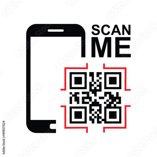 A modern smartphone displayed beside a bold red-framed QR code with “SCAN ME” text, emphasizing digital interaction and mobile scanning. Clean, minimalist design for tech, marketing, or call-to-action