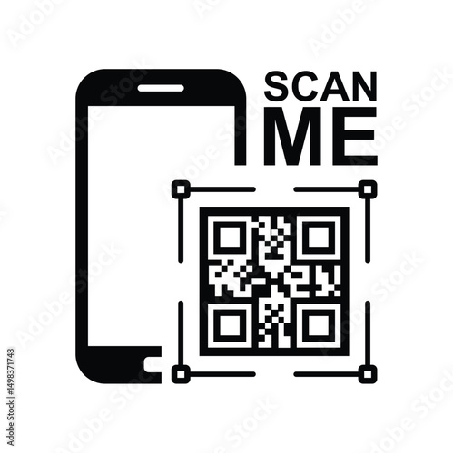 Vertical black smartphone silhouette on white background, centered QR code with highlighted framing squares and bold 'SCAN ME' text. Minimalist, clean, technical style conveying scanning action. Front