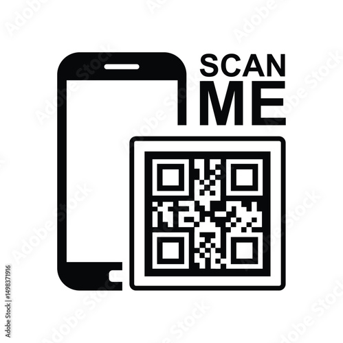 Vertical black smartphone silhouette on white background, centered QR code with highlighted framing squares and bold 'SCAN ME' text. Minimalist, clean, technical style conveying scanning action. Front