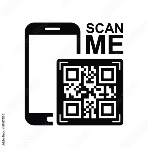 Vertical black smartphone silhouette on white background, centered QR code with highlighted framing squares and bold 'SCAN ME' text. Minimalist, clean, technical style conveying scanning action. Front
