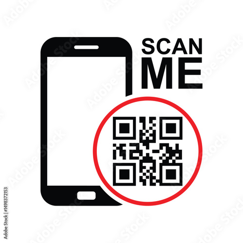 Vertical black smartphone silhouette with bold red-circled QR code on screen. "SCAN ME" in white uppercase text above. Minimalist flat design, high-contrast black/white/red palette. Clean, modern tech