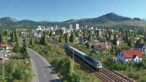 Train journey through scenic landscape city and countryside aerial view nature and transport concepts