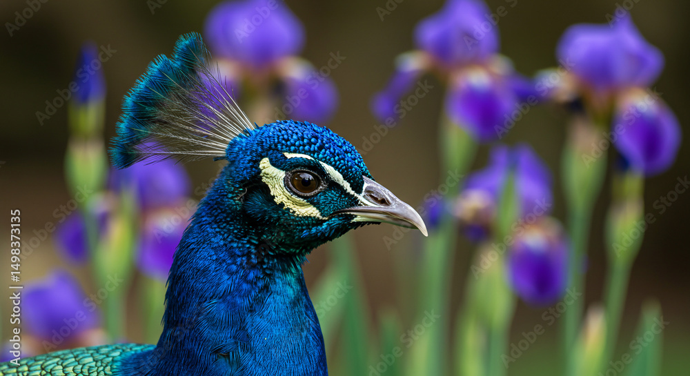 Closeup of Vibrant Blue Peacock with Purple Irises in Background Closeup of Vibrant Blue Peacock with Purple Irises in Background