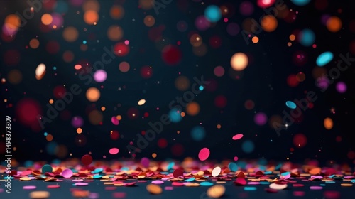 Celebration confetti falling on dark background, festive colorful sprinkles, vibrant and joyful mood