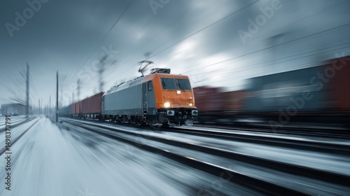 Freight train in motion snowy landscape action shot winter environment low angle transport dynamics