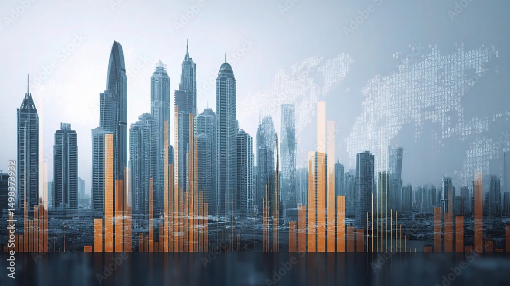 Fototapeta premium Global Economic Network Visual Overlaid on Dubai Skyline