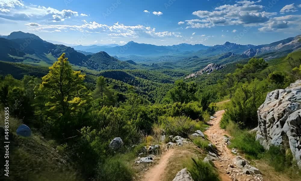 Lush Green Mountain Landscape with Bright Blue Sky and Winding Path Under Sunlight Lush Green Mountain Landscape with Bright Blue Sky and Winding Path Under Sunlight