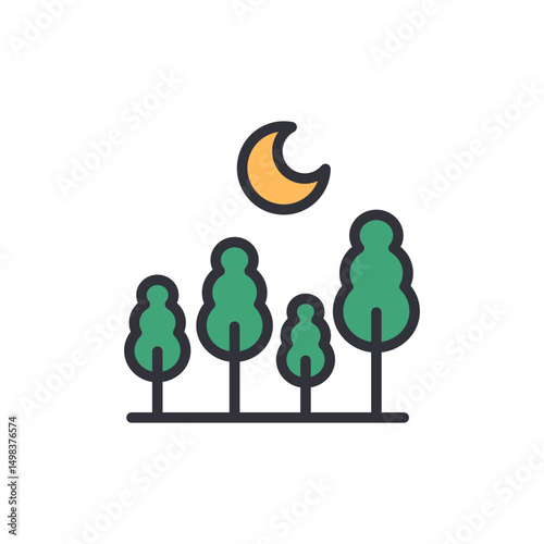 Serene Nightscape With Crescent Moon Over Silhouette Of Trees