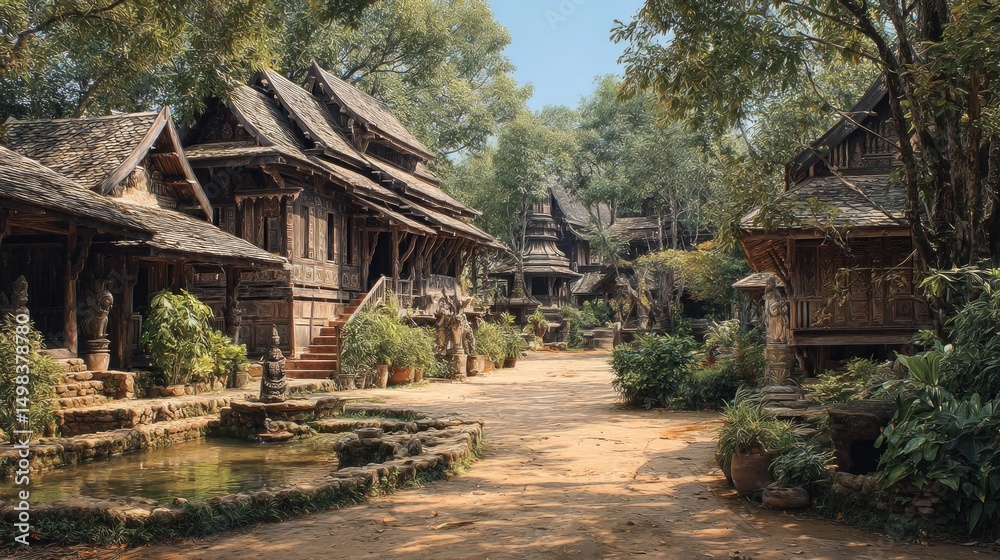 Fototapeta premium Traditional wooden houses in lush green village serene outdoor scene captured from ground level cultural heritage