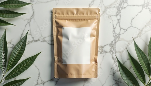 Kraft Paper Pouch Mockup with Blank Label, Natural Style, Brown White and Green, Product Packaging Template on Marble with Leaves

