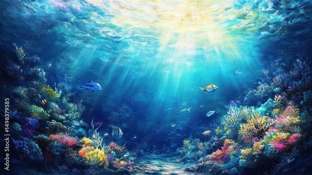 Fototapeta premium Underwater coral reef ecosystem with sunbeams and vibrant marine life