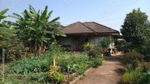 Serene garden house with lush vegetation rural setting photography natural light inviting atmosphere