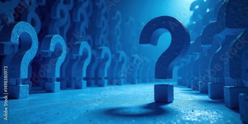 A multitude of enigmatic blue question marks stand on a textured surface, a single prominent symbol leading the way into a depth of unanswered queries and uncertainties.