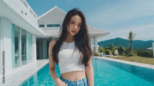 Model posing by poolside in luxurious villa tropical landscape lifestyle photography bright sunshine