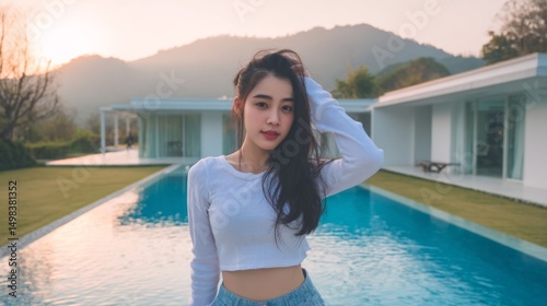 Sunset photoshoot of a model by a pool modern architecture outdoor setting fashion lifestyle