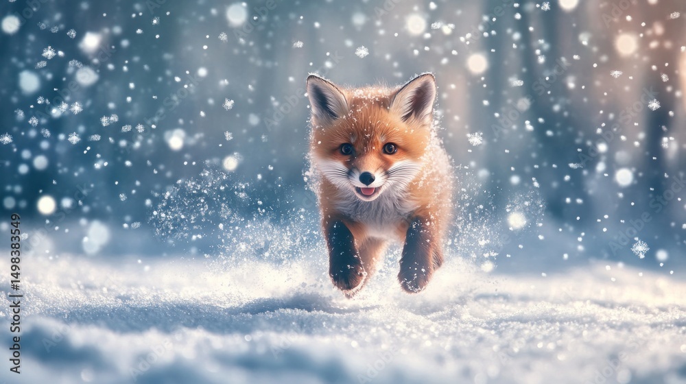 Obraz premium Adorable Red Fox Kit Leaping Through Winter Wonderland