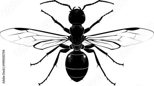 Black and white illustration of a detailed wasp with transparent wings. Vector illustration