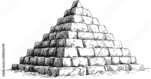 Ancient stone pyramid sketch with detailed shading, conceptual historical drawing. Vector illustration