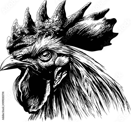 Detailed black and white rooster illustration with intricate feather details. Vector illustration