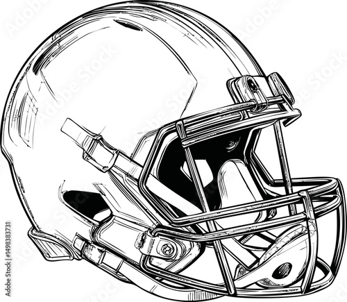 Detailed black and white line drawing of an american football helmet. Vector illustration