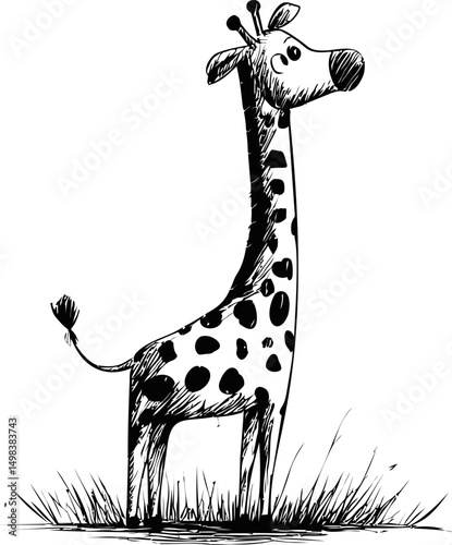 Cartoon giraffe sketch with spots standing in grassy field. Vector illustration