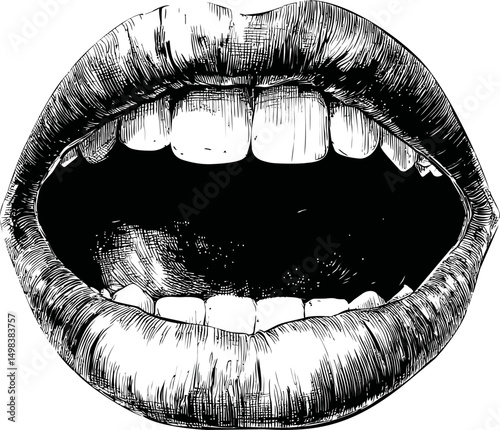 Detailed black and white illustration of open mouth with visible teeth. Vector illustration