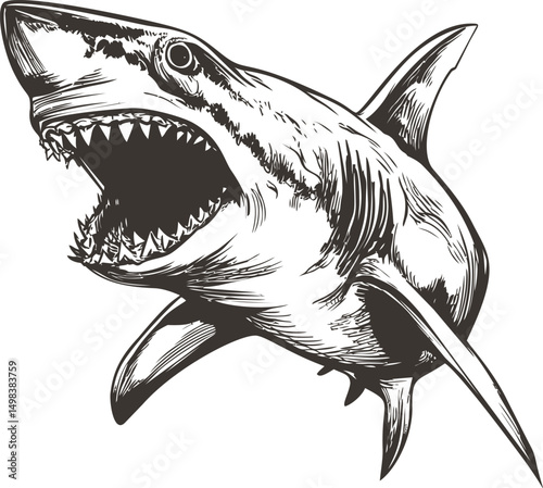 Angry shark with open mouth in detailed black and white illustration. Vector illustration