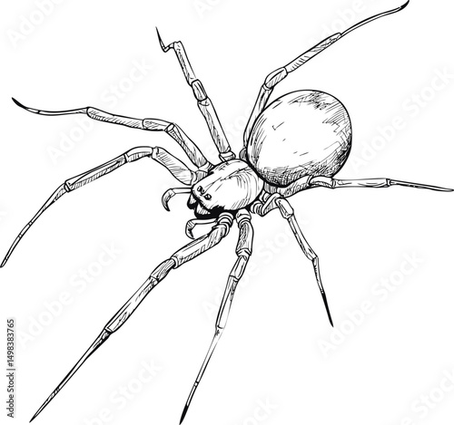 Detailed black and white sketch of a spider with long legs illustration. Vector illustration