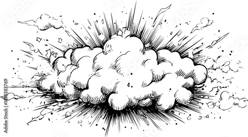 Black and white cartoon-style explosion with detailed smoke and lines. Vector illustration
