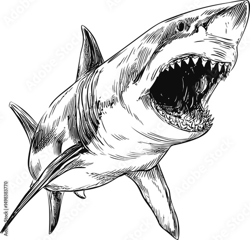 Illustration of aggressive shark with open mouth in black and white sketch. Vector illustration