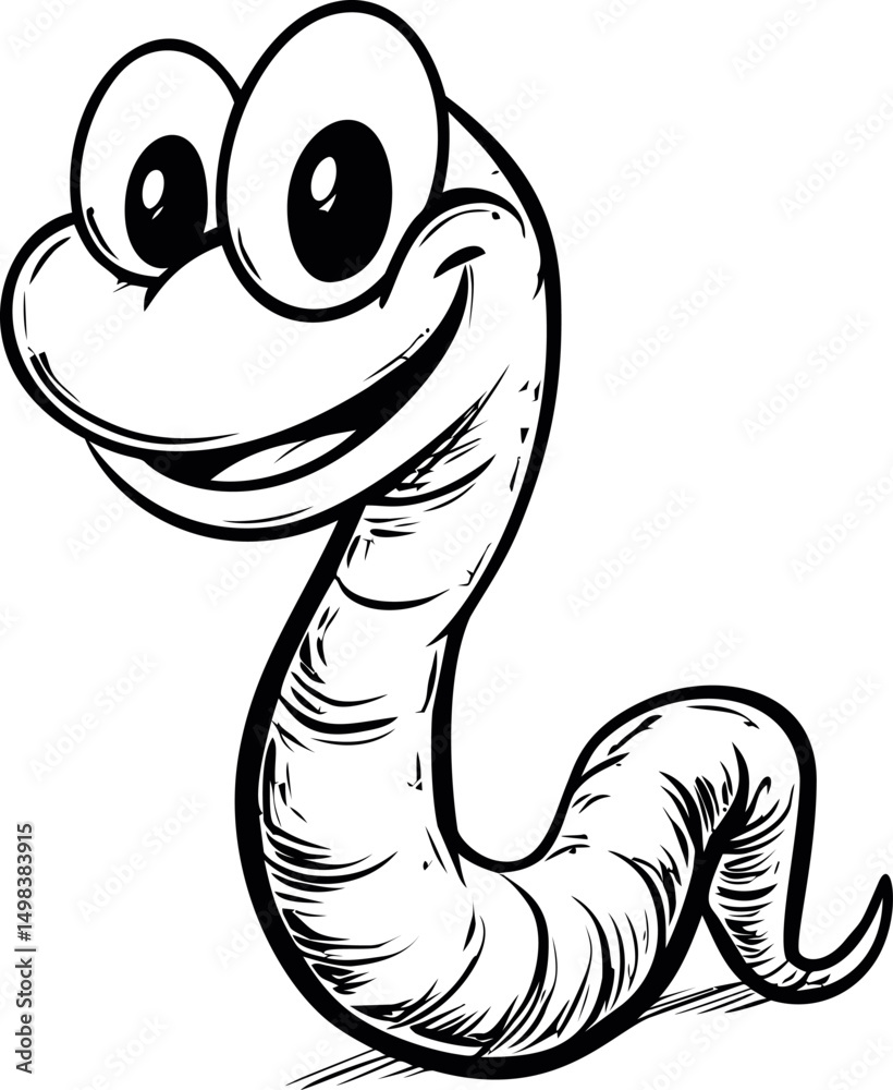 Fototapeta premium Cute cartoon earthworm smiling with large eyes on a white background, illustration. Vector illustration
