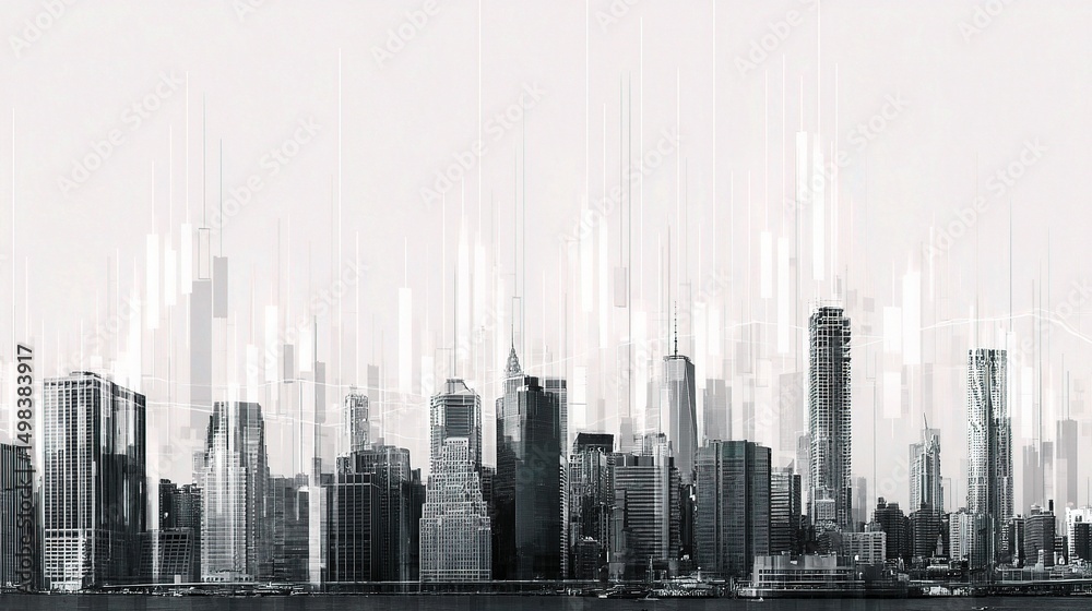 Fototapeta premium Monochrome Urban Skyline Blending Elements in Stark White Background