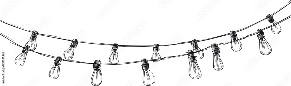 String of hanging light bulbs in black and white line drawing, decorative illustration. Vector illustration