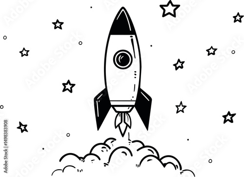 Rocket ship launching into starry sky, black and white line art illustration. Vector illustration