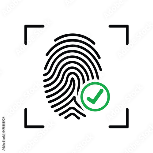 Stylized black fingerprint with a green checkmark circle, symbolizing secure biometric authentication and digital identity verification. Modern tech concept.