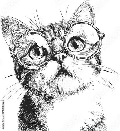 Black and white sketch of cute cat wearing large eyeglasses with curious look. Vector illustration