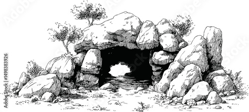 Natural rock cave entrance surrounded by trees in detailed black and white sketch. Vector illustration