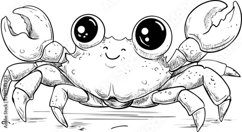 Happy cartoon crab with big eyes and claws in a monochrome illustration. Vector illustration