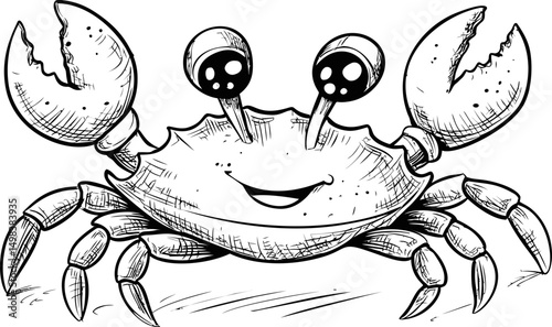 Line drawing of a smiling cartoon crab with large eyes and claws. Vector illustration