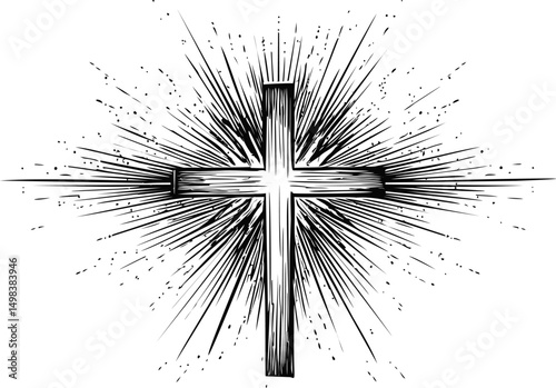 Wooden cross with radiant burst of light in black and white illustration. Vector illustration
