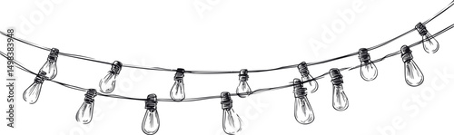 String of hanging light bulbs in black and white line drawing, decorative illustration. Vector illustration