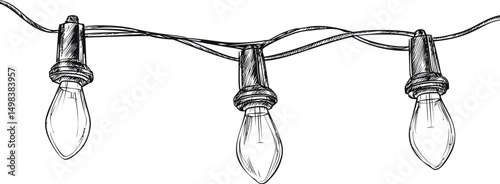 Sketch of string lights with three bulbs in black and white illustration style. Vector illustration