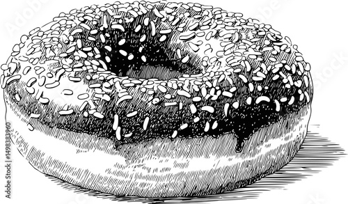 Illustrated donut with chocolate glaze and sprinkles in black and white sketch. Vector illustration