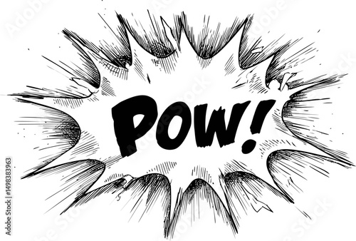 Comic book explosion with pow text in black and white illustration style. Vector illustration