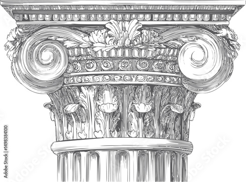 Intricate line drawing of an Ionic column capital with floral details. Vector illustration