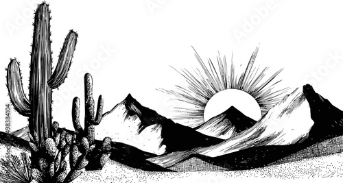 Black and white desert landscape with cacti and mountains in retro engraving style. Vector illustration