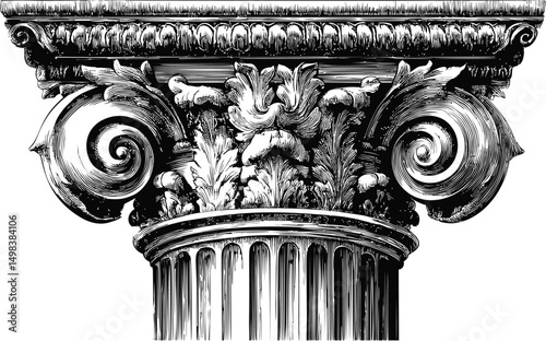 Intricate black and white drawing of a Corinthian column capital, classic design. Vector illustration
