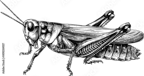 Detailed black and white illustration of a grasshopper, sketch style design. Vector illustration