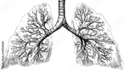 Detailed black and white illustration of human lungs anatomy sketch. Vector illustration